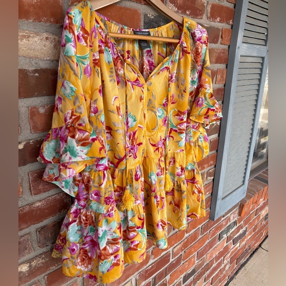 Chelsea and Theodore Yellow Floral Flowy Tassle Top - Picture 2 of 5